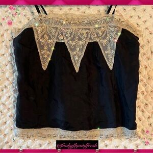 Vintage GUESS late 80’s NWT Sz S black satin cami with lace & sequin appliqué.